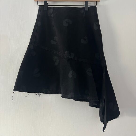 Peacebird Black Denim Skirt Asymmetrical Hem Broken Heart Print Y2K Grunge Small - Picture 1 of 8